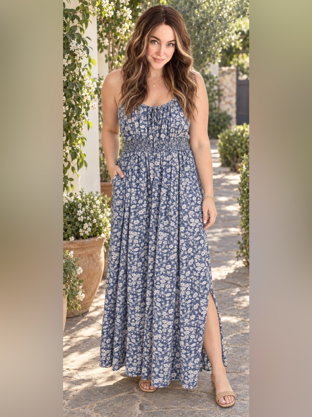 Lucky Brand Blue Floral Spaghetti Strap Maxi Chemise